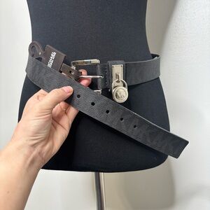 MICHAEL Michael Kors Black Textured Leather Belt with Silver MK Padlock Charm